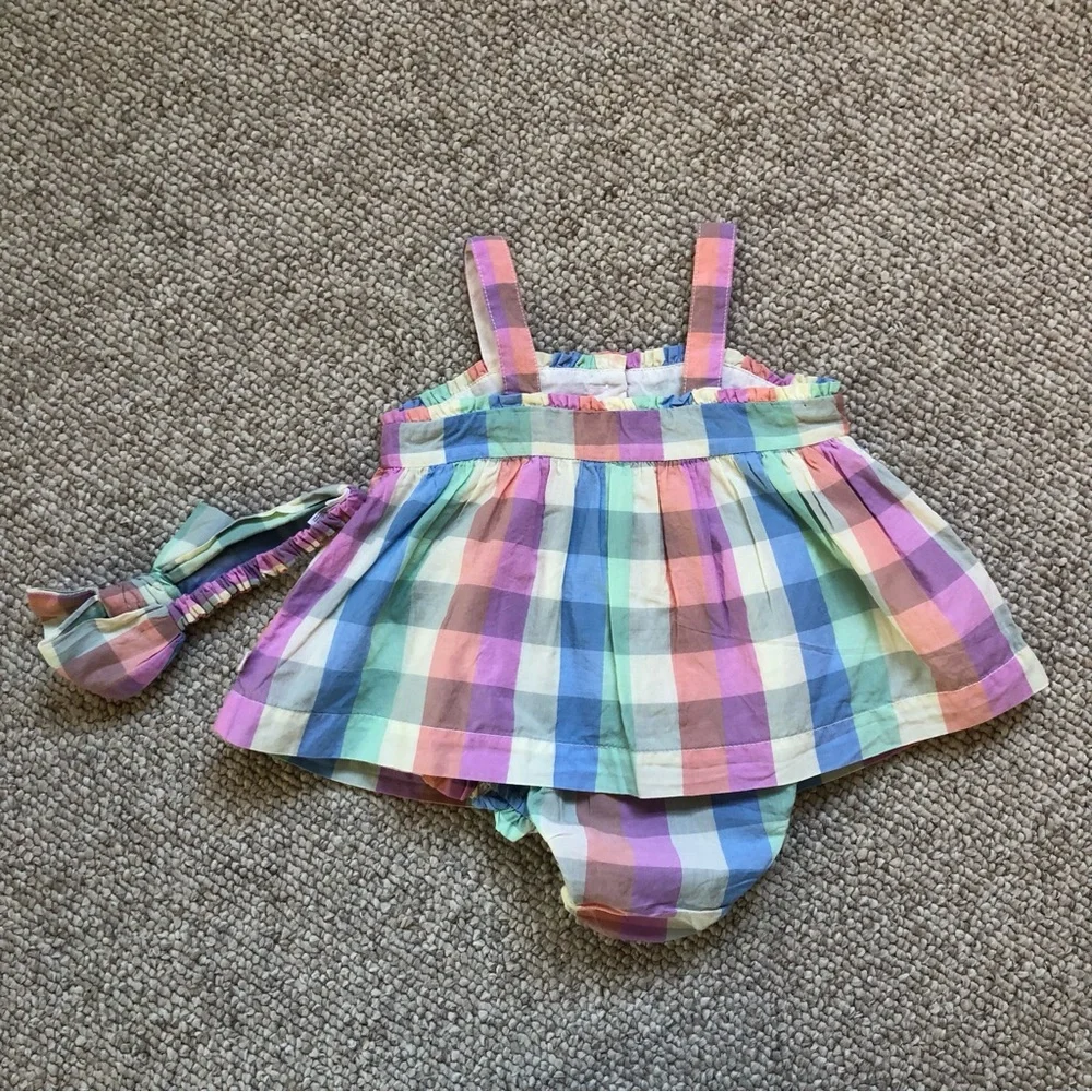 NWT Baby Gap Pastel Rainbow Plaid 3pc Outfit- Top, Bloomers, Headband